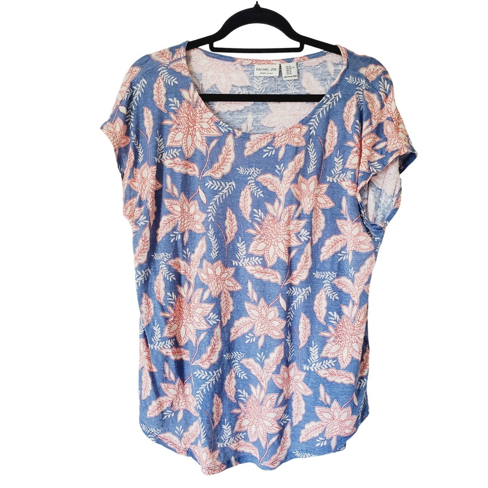 Rachel Zoe Womens XL Blue Floral 100% Linen Short Sleeve Top Beach T-shirt